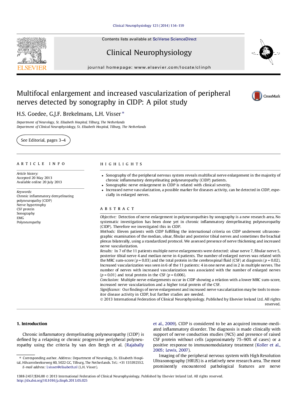 Multifocal enlargement and increased vascularization of peripheral nerves detected by sonography in CIDP: A pilot study