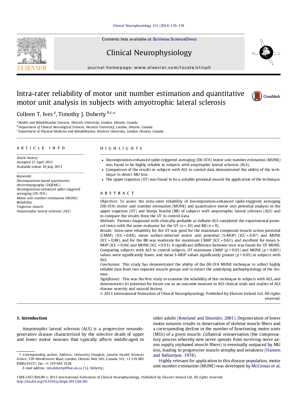 Intra-rater reliability of motor unit number estimation and quantitative motor unit analysis in subjects with amyotrophic lateral sclerosis