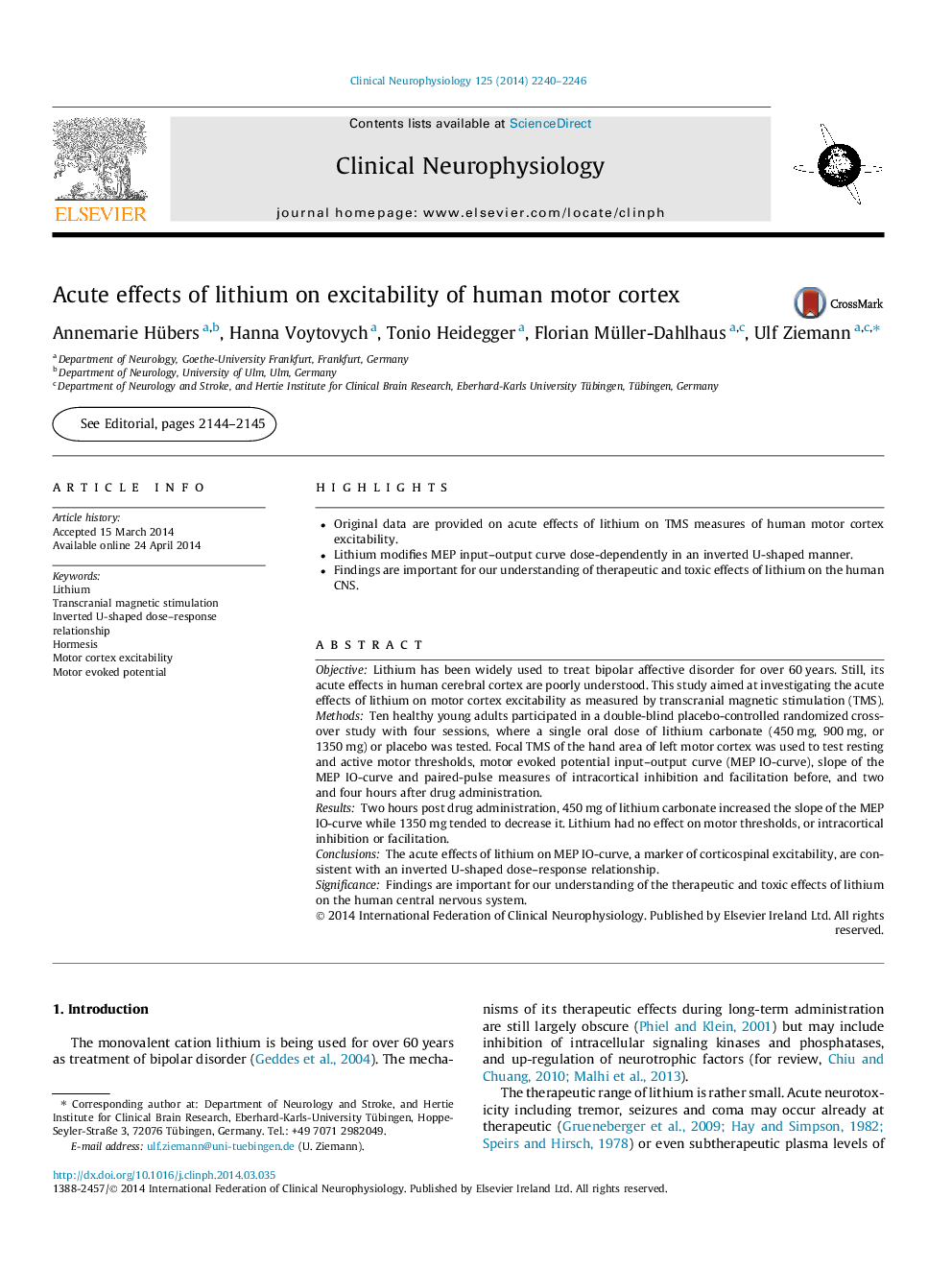 Acute effects of lithium on excitability of human motor cortex