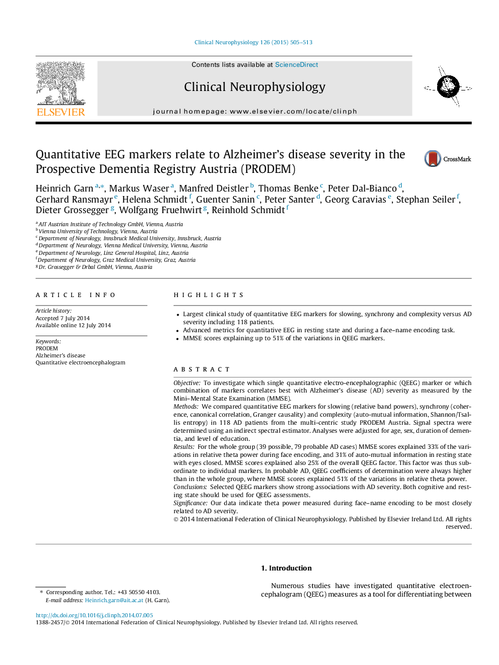 Quantitative EEG markers relate to Alzheimer’s disease severity in the Prospective Dementia Registry Austria (PRODEM)