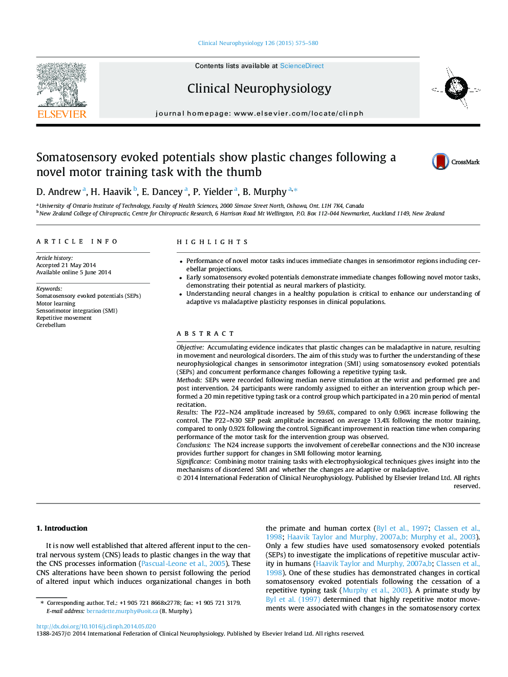 Somatosensory evoked potentials show plastic changes following a novel motor training task with the thumb