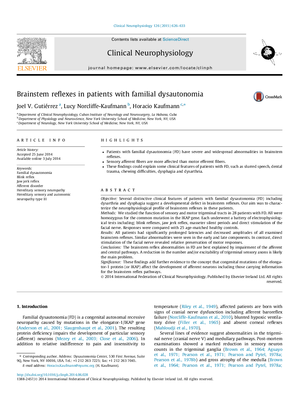 Brainstem reflexes in patients with familial dysautonomia