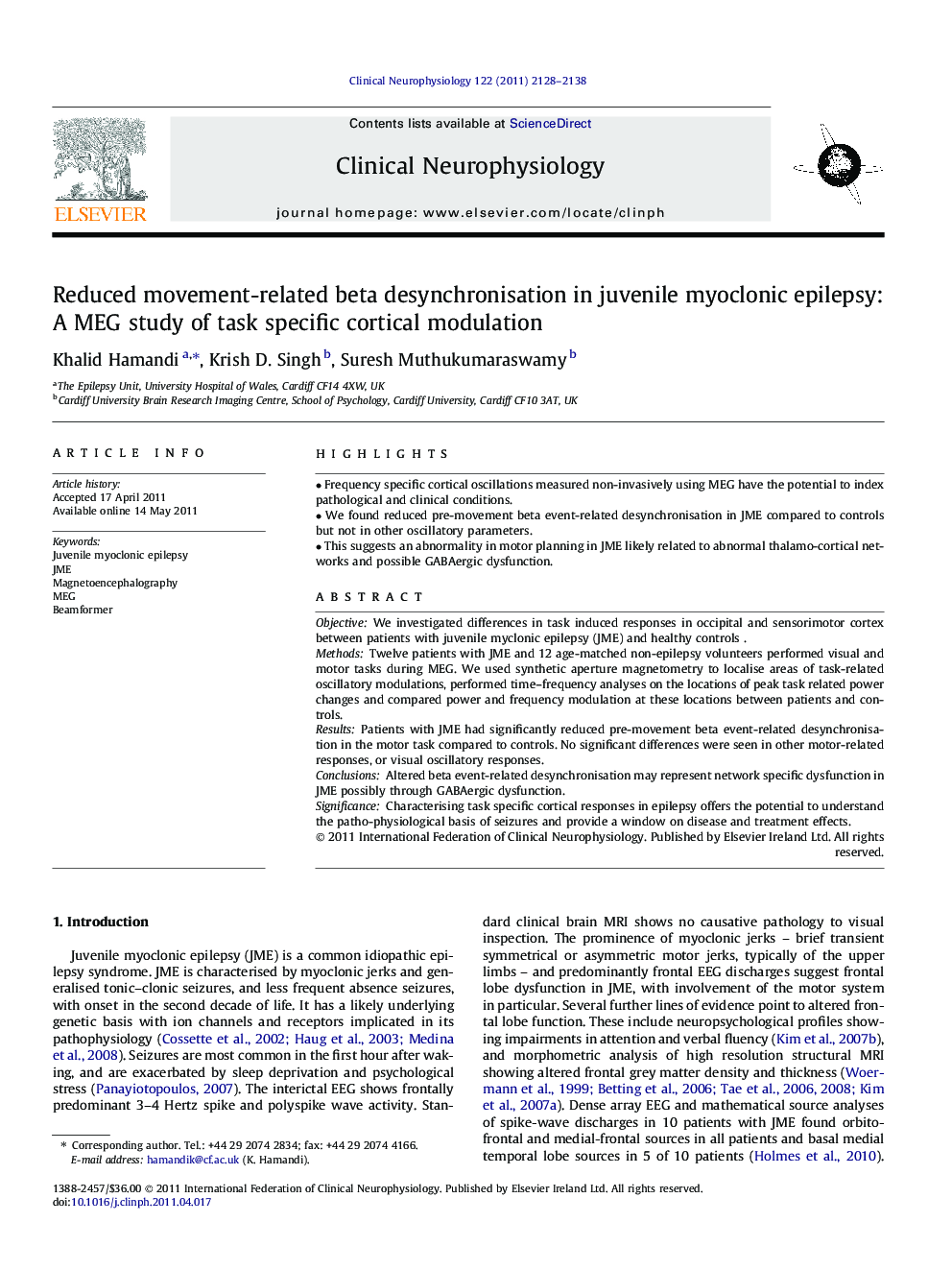 Reduced movement-related beta desynchronisation in juvenile myoclonic epilepsy: A MEG study of task specific cortical modulation