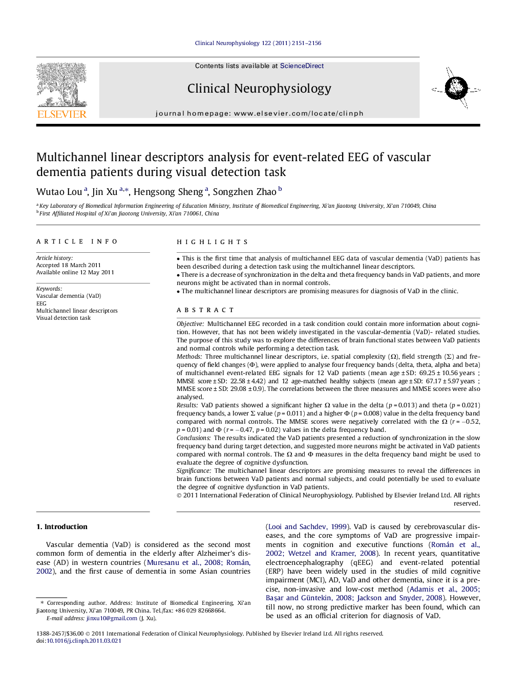 Multichannel linear descriptors analysis for event-related EEG of vascular dementia patients during visual detection task