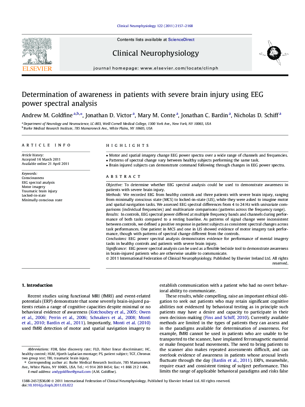 Determination of awareness in patients with severe brain injury using EEG power spectral analysis