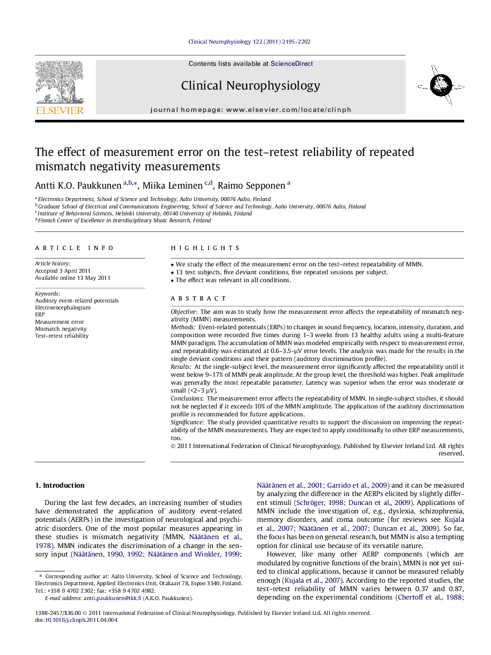 The effect of measurement error on the test-retest reliability of repeated mismatch negativity measurements