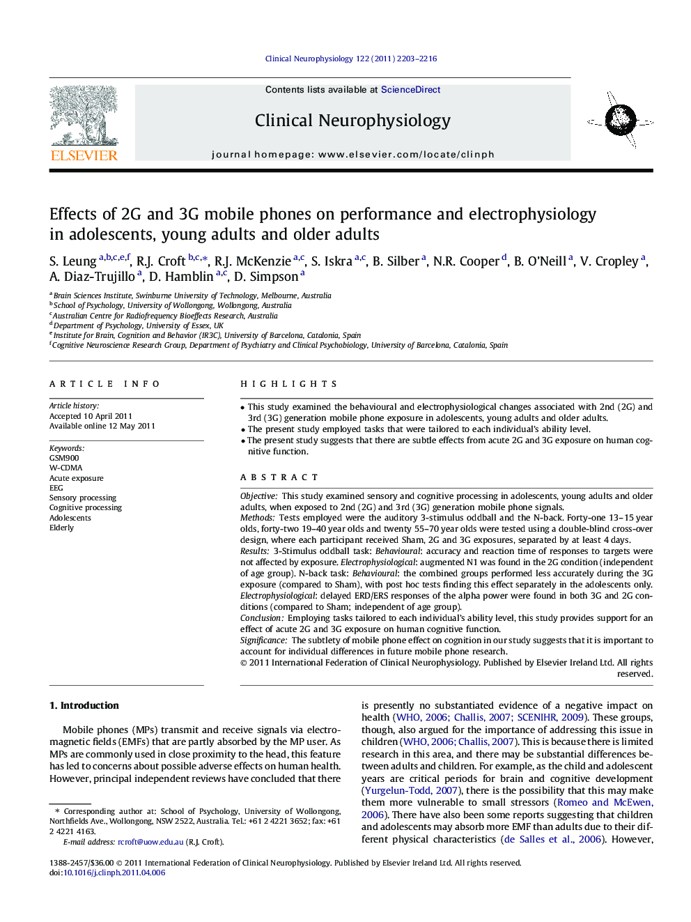 Effects of 2G and 3G mobile phones on performance and electrophysiology in adolescents, young adults and older adults