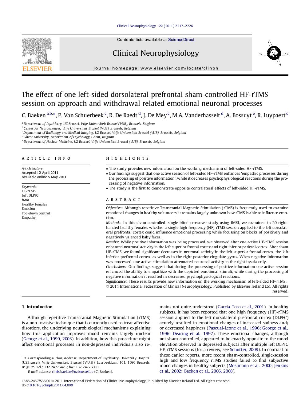 The effect of one left-sided dorsolateral prefrontal sham-controlled HF-rTMS session on approach and withdrawal related emotional neuronal processes