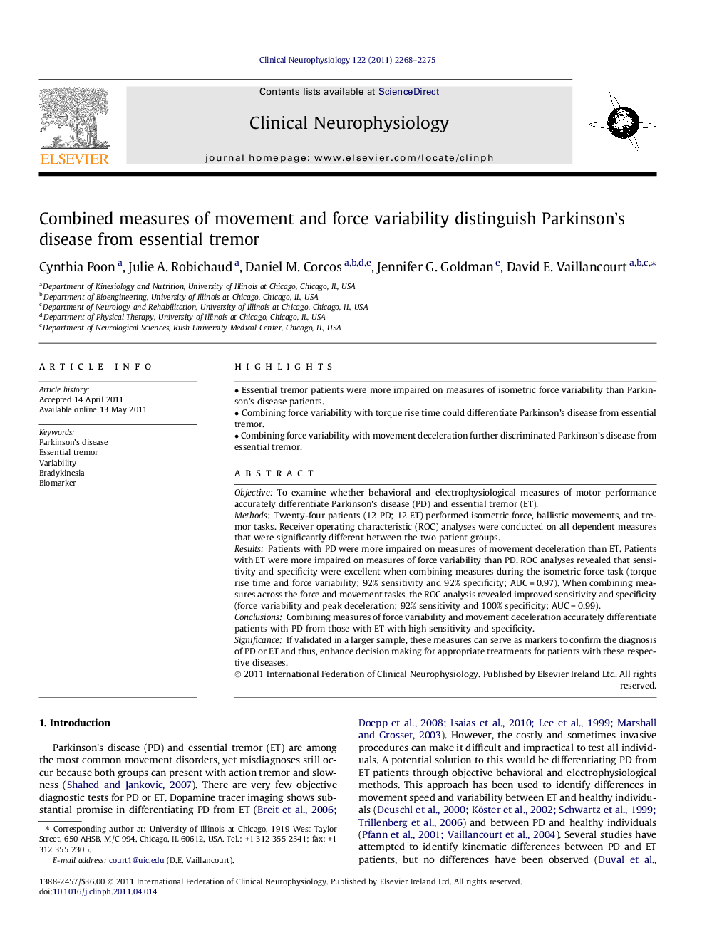 Combined measures of movement and force variability distinguish Parkinson’s disease from essential tremor