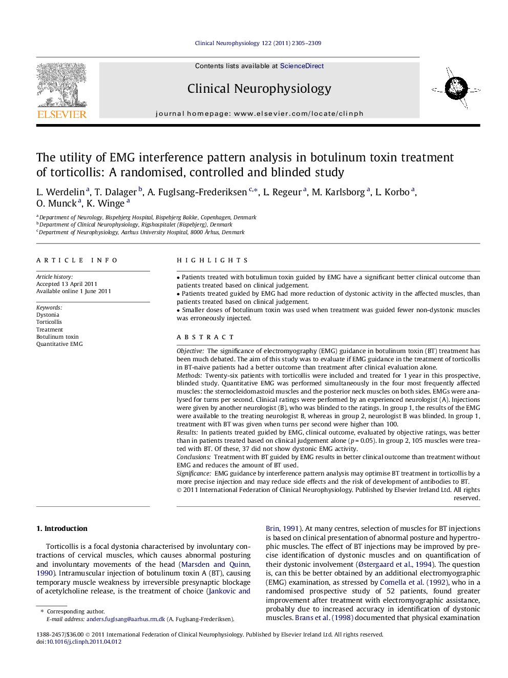 The utility of EMG interference pattern analysis in botulinum toxin treatment of torticollis: A randomised, controlled and blinded study