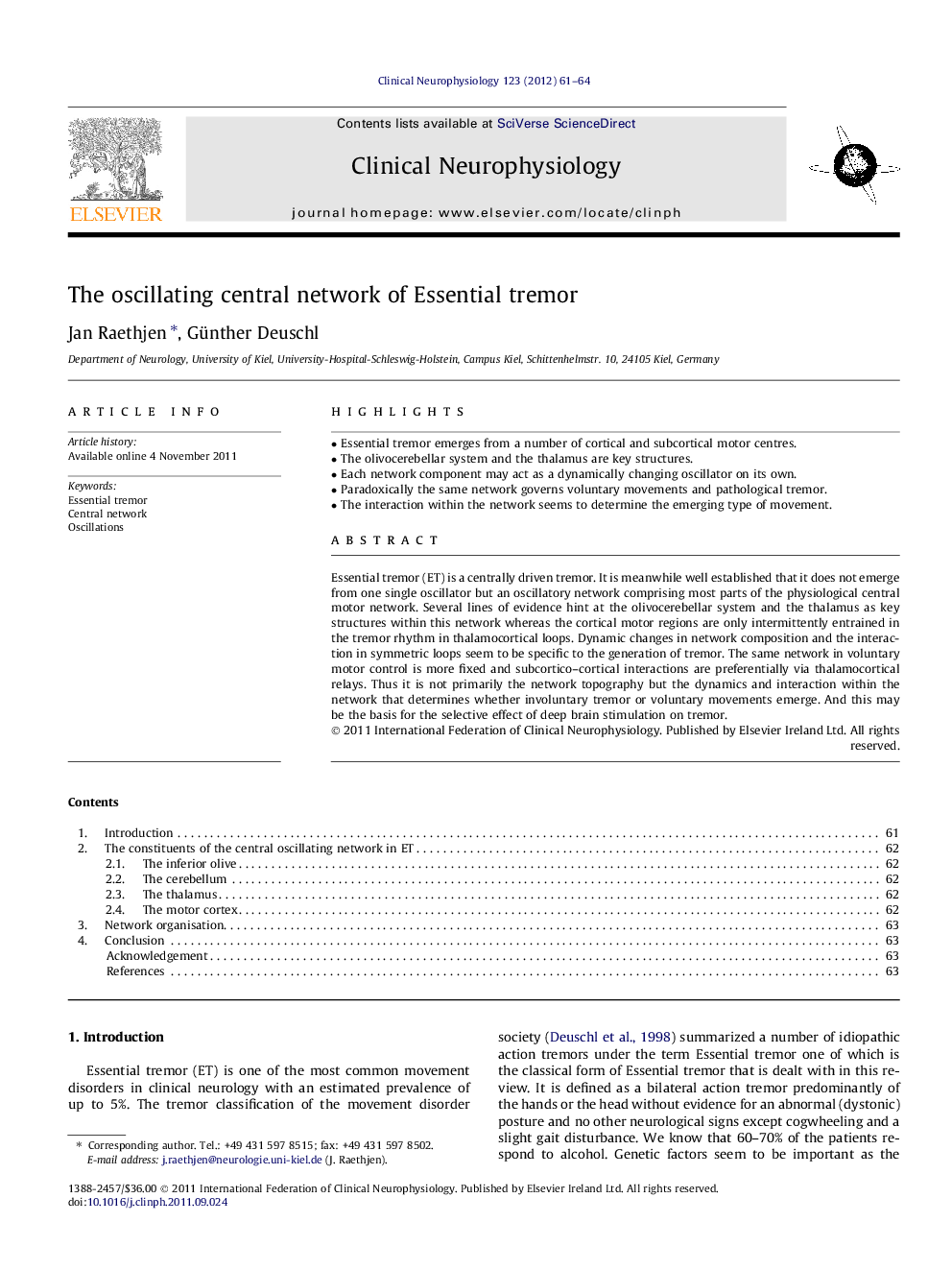 The oscillating central network of Essential tremor