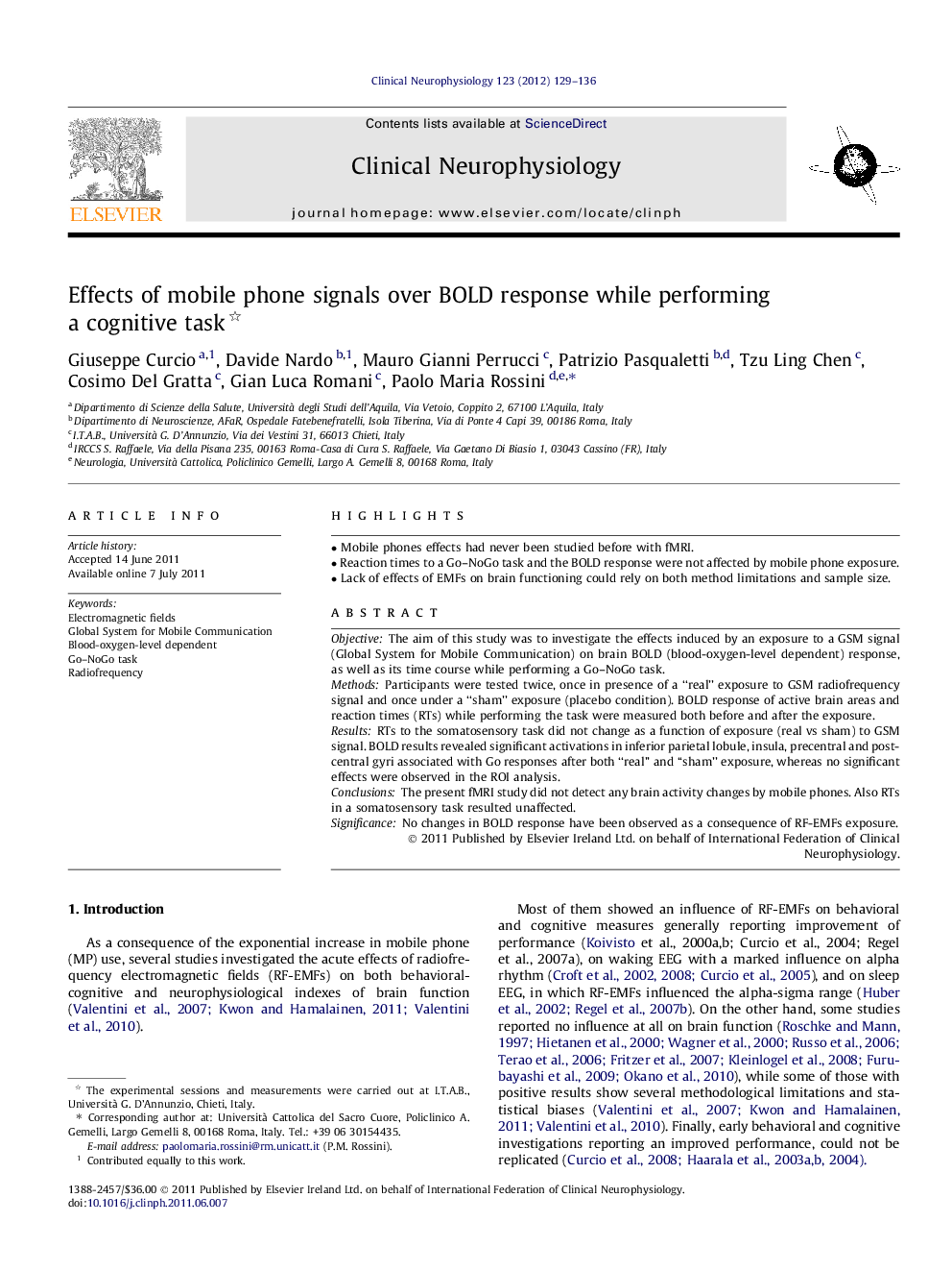 Effects of mobile phone signals over BOLD response while performing a cognitive task 