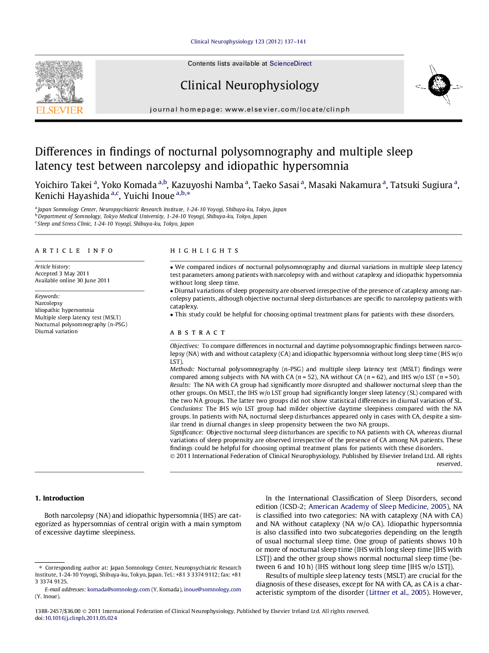 Differences in findings of nocturnal polysomnography and multiple sleep latency test between narcolepsy and idiopathic hypersomnia