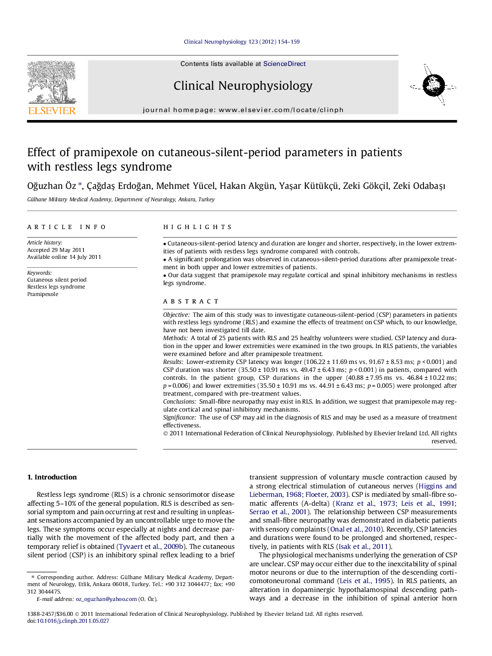 Effect of pramipexole on cutaneous-silent-period parameters in patients with restless legs syndrome