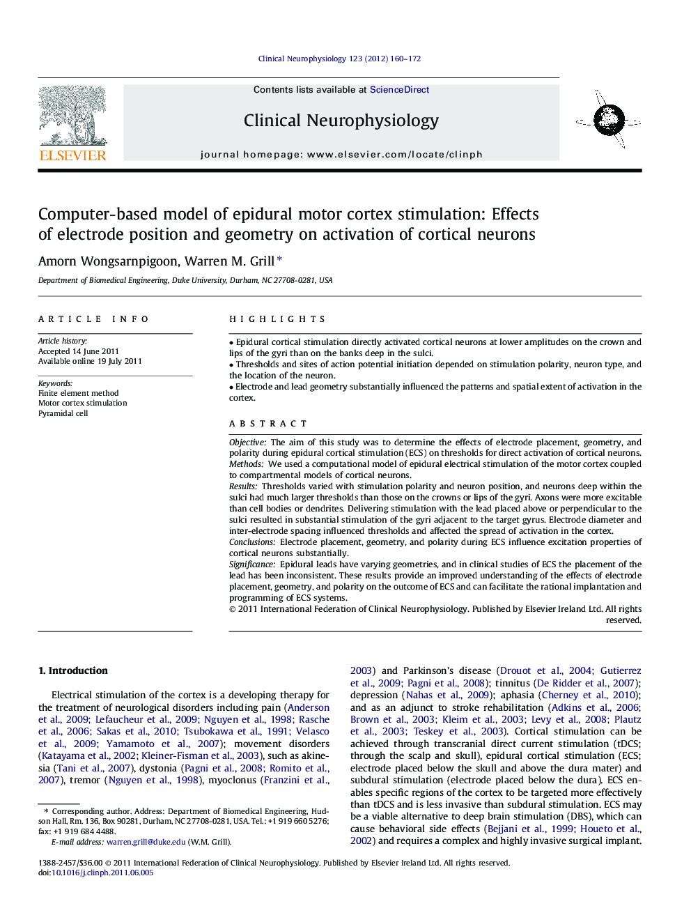 Computer-based model of epidural motor cortex stimulation: Effects of electrode position and geometry on activation of cortical neurons