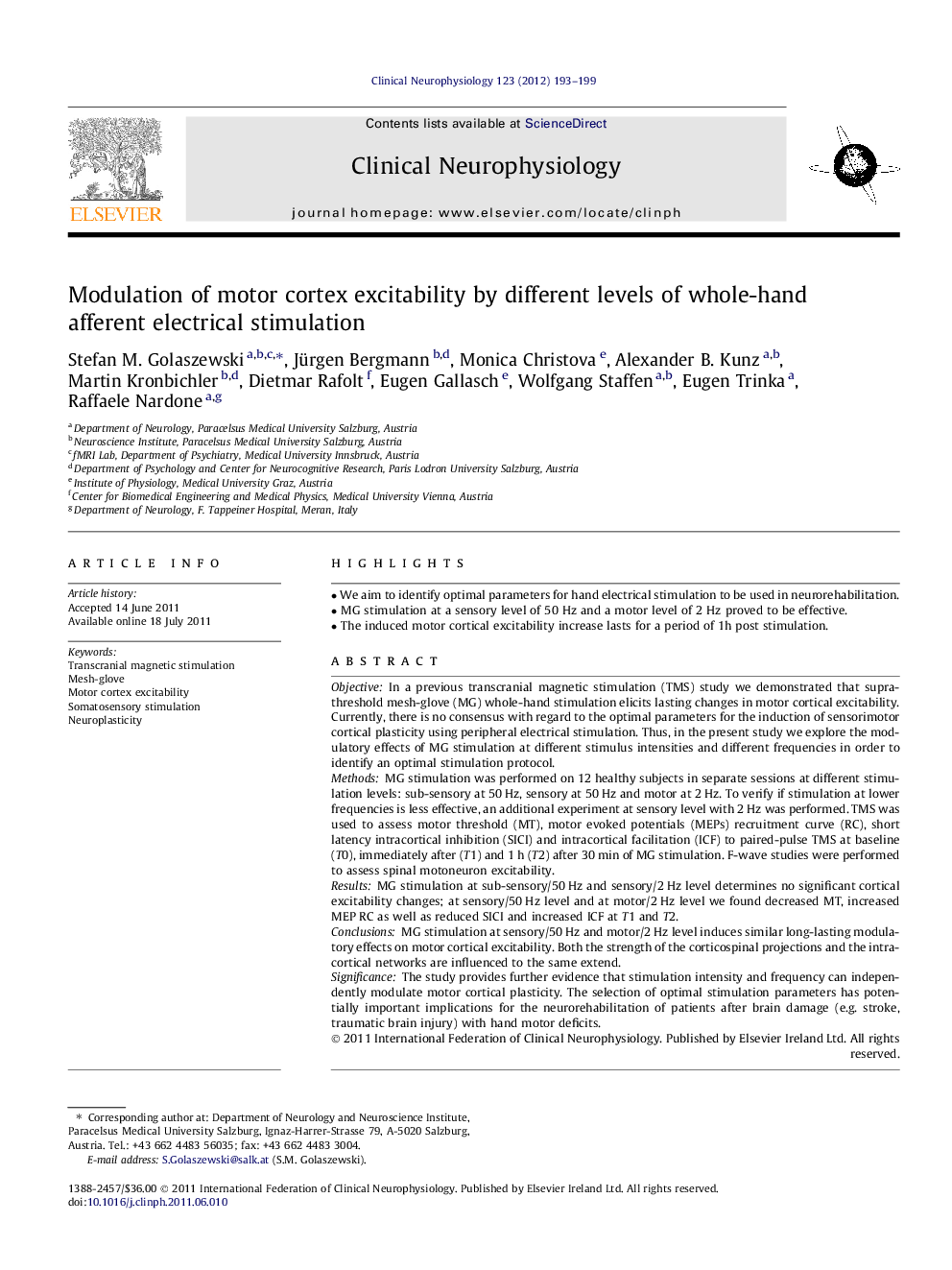 Modulation of motor cortex excitability by different levels of whole-hand afferent electrical stimulation