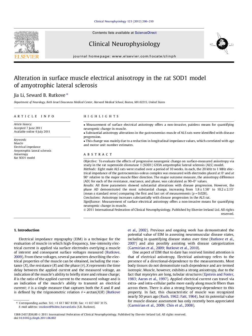 Alteration in surface muscle electrical anisotropy in the rat SOD1 model of amyotrophic lateral sclerosis