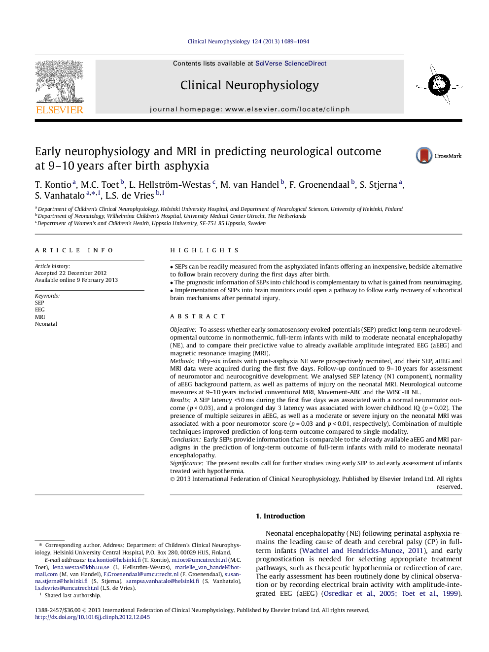 Early neurophysiology and MRI in predicting neurological outcome at 9–10 years after birth asphyxia