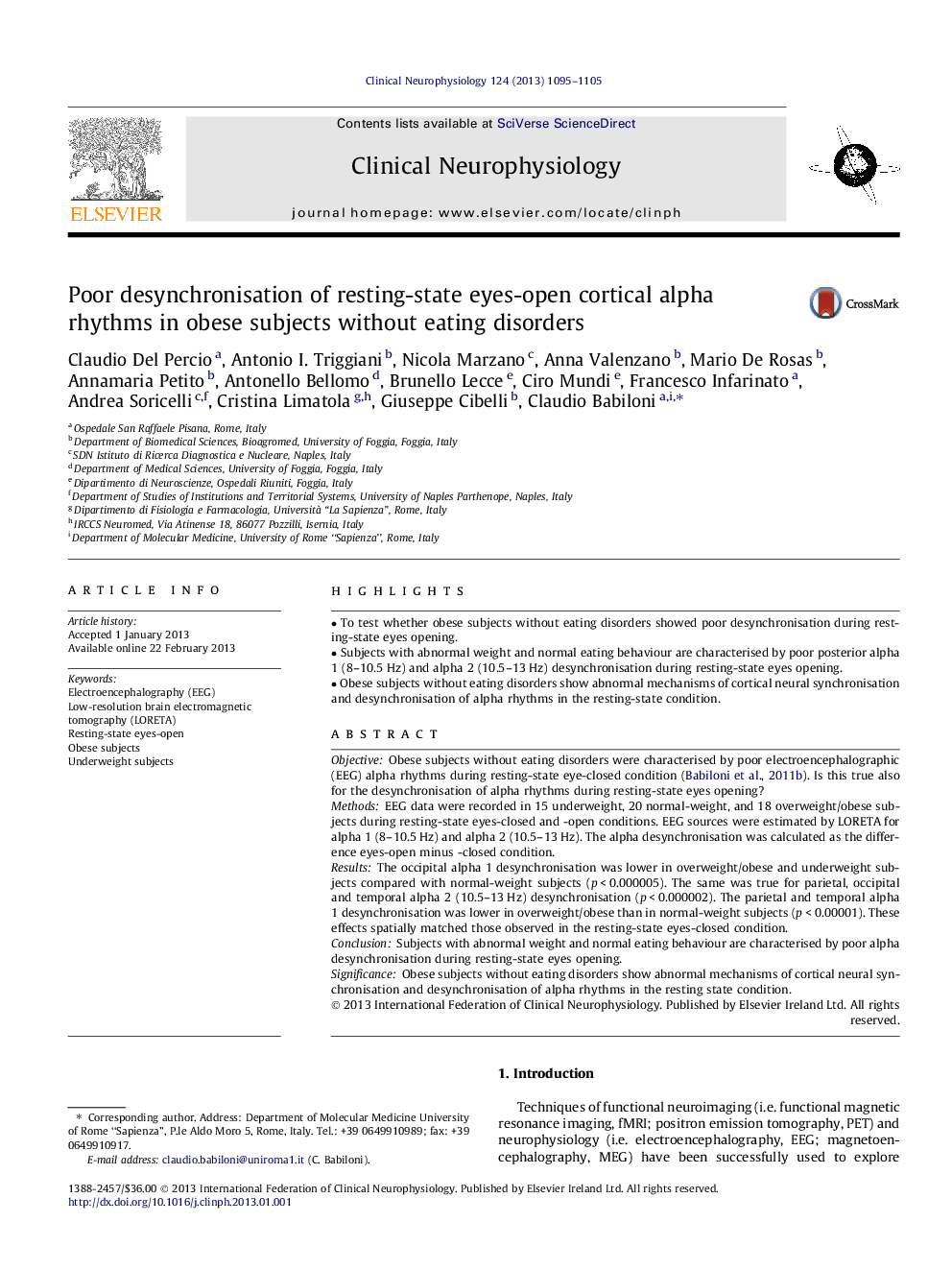 Poor desynchronisation of resting-state eyes-open cortical alpha rhythms in obese subjects without eating disorders