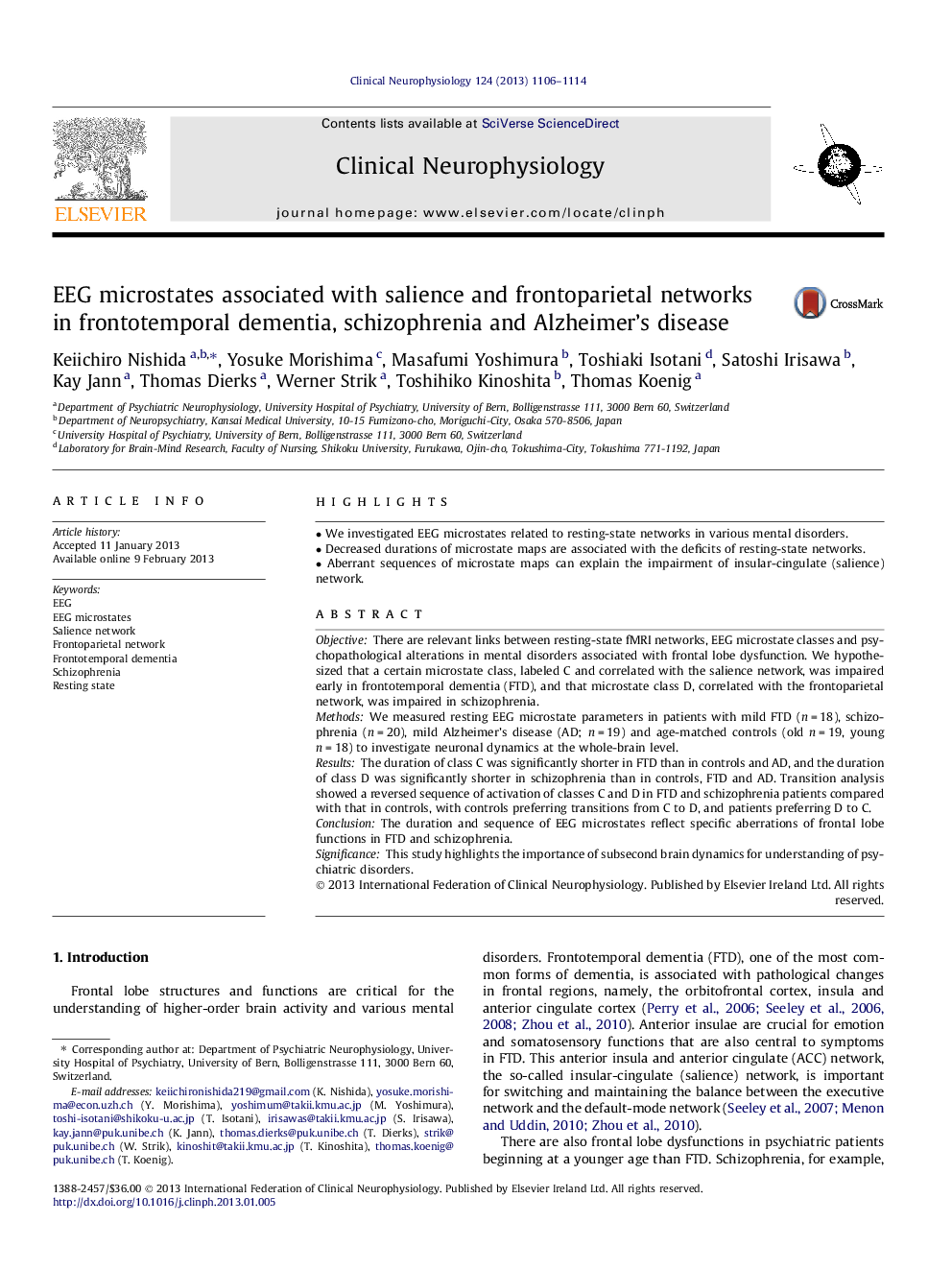 EEG microstates associated with salience and frontoparietal networks in frontotemporal dementia, schizophrenia and Alzheimer’s disease