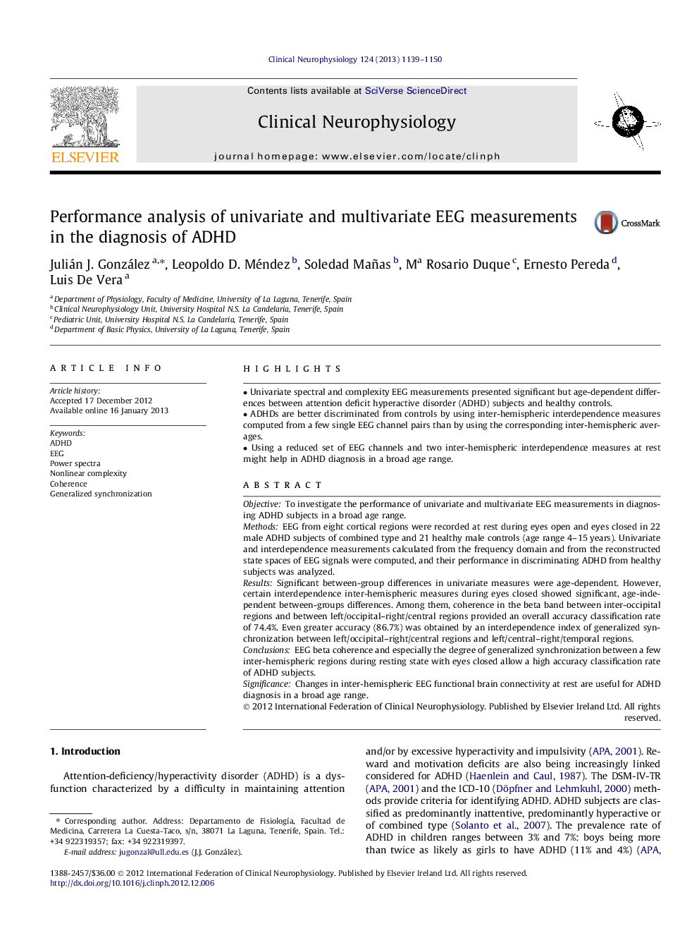 Performance analysis of univariate and multivariate EEG measurements in the diagnosis of ADHD