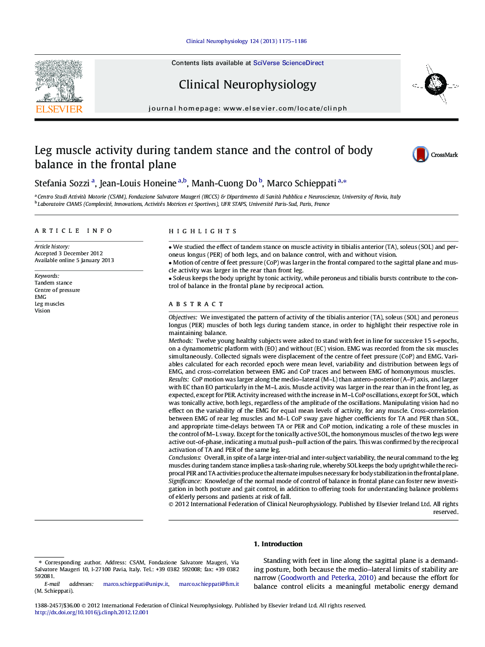 Leg muscle activity during tandem stance and the control of body balance in the frontal plane