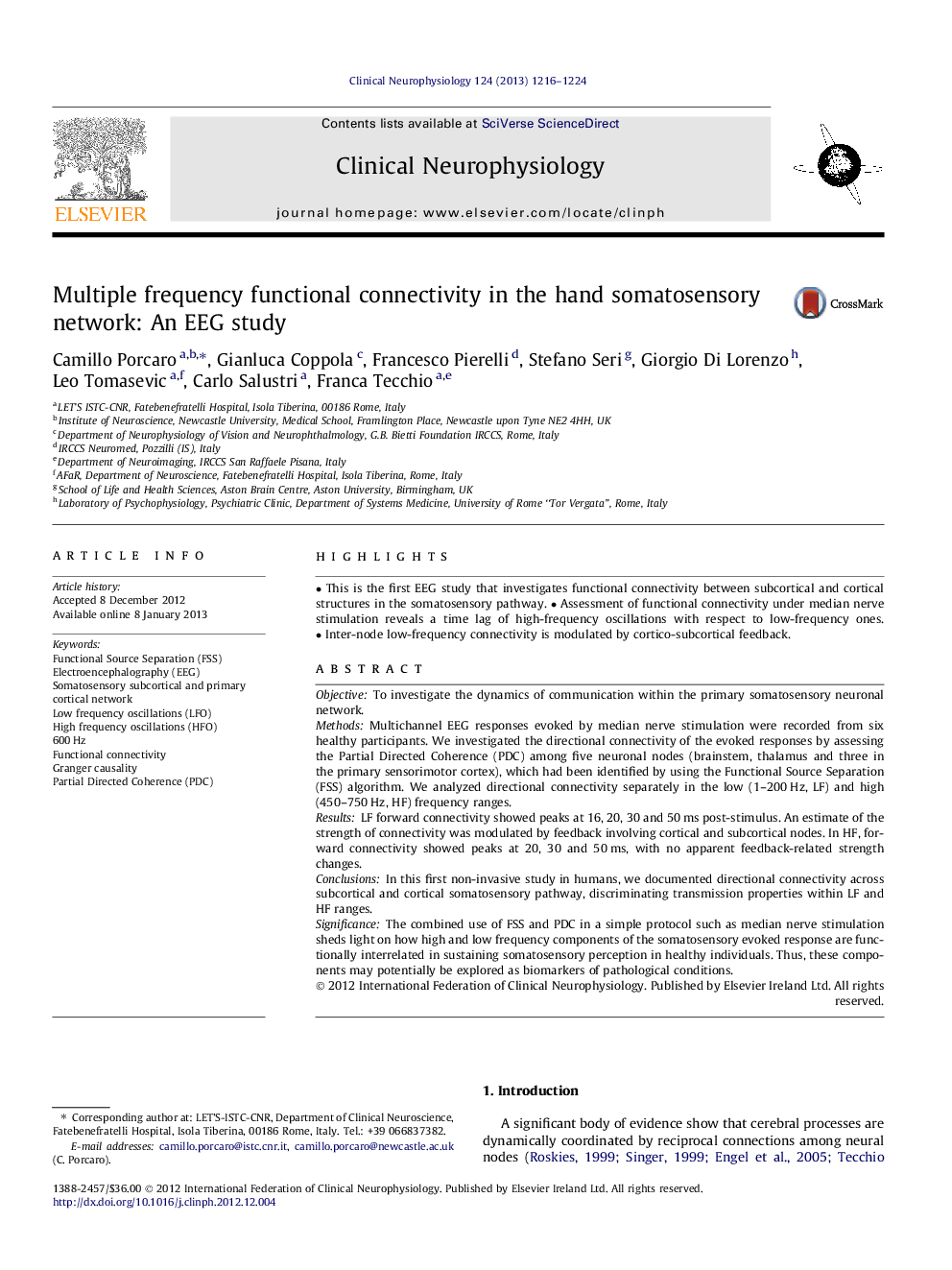 Multiple frequency functional connectivity in the hand somatosensory network: An EEG study