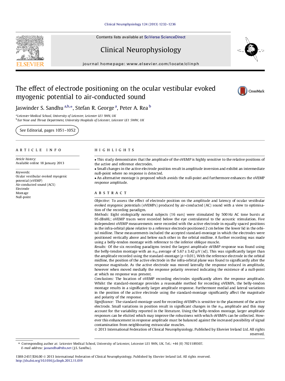 The effect of electrode positioning on the ocular vestibular evoked myogenic potential to air-conducted sound