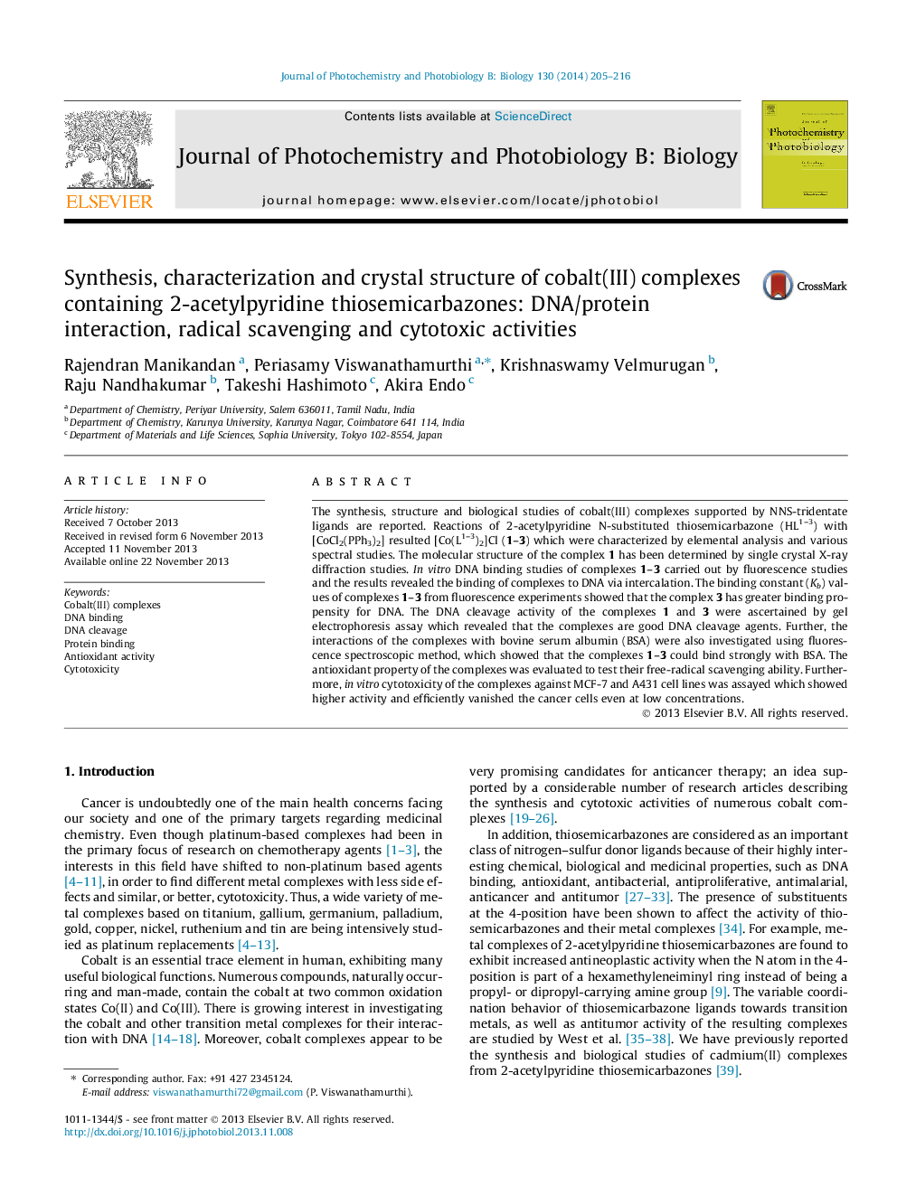 Synthesis, characterization and crystal structure of cobalt(III) complexes containing 2-acetylpyridine thiosemicarbazones: DNA/protein interaction, radical scavenging and cytotoxic activities