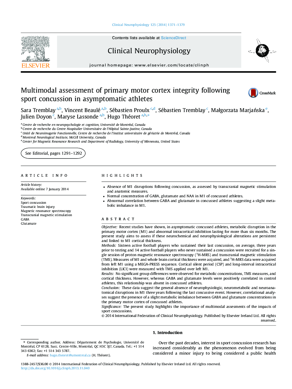 Multimodal assessment of primary motor cortex integrity following sport concussion in asymptomatic athletes