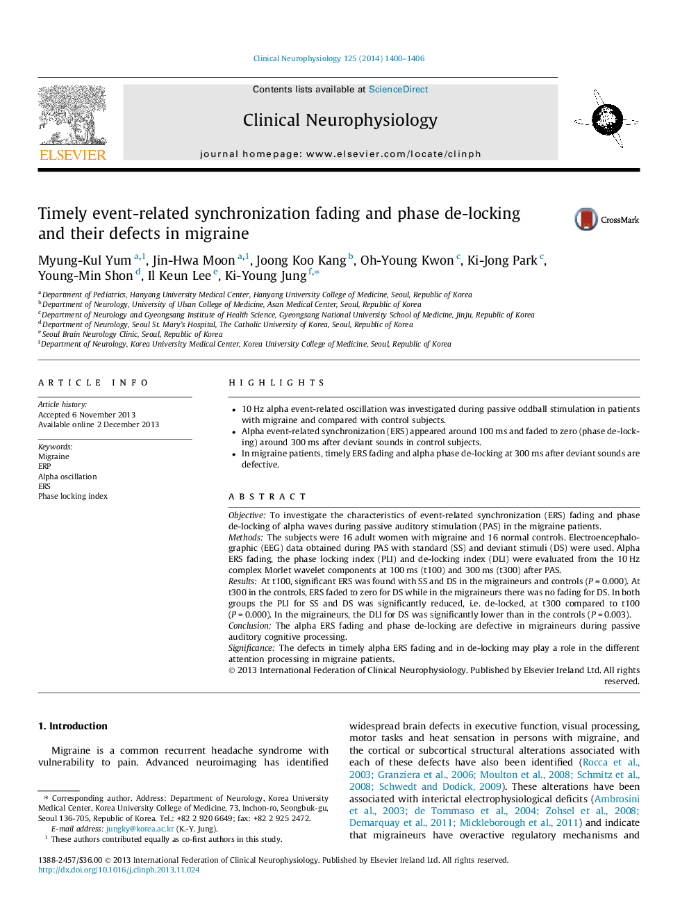 Timely event-related synchronization fading and phase de-locking and their defects in migraine