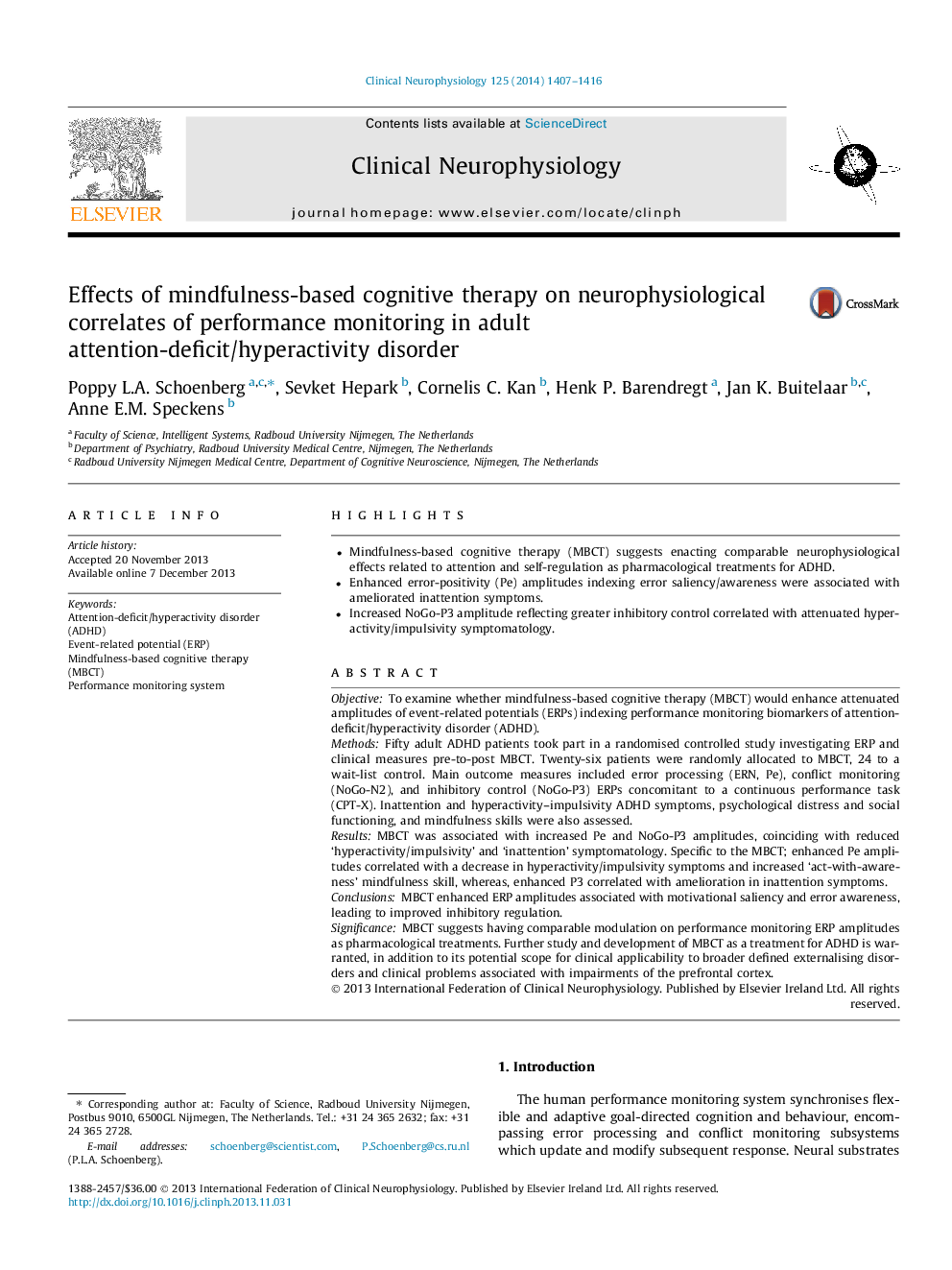 Effects of mindfulness-based cognitive therapy on neurophysiological correlates of performance monitoring in adult attention-deficit/hyperactivity disorder