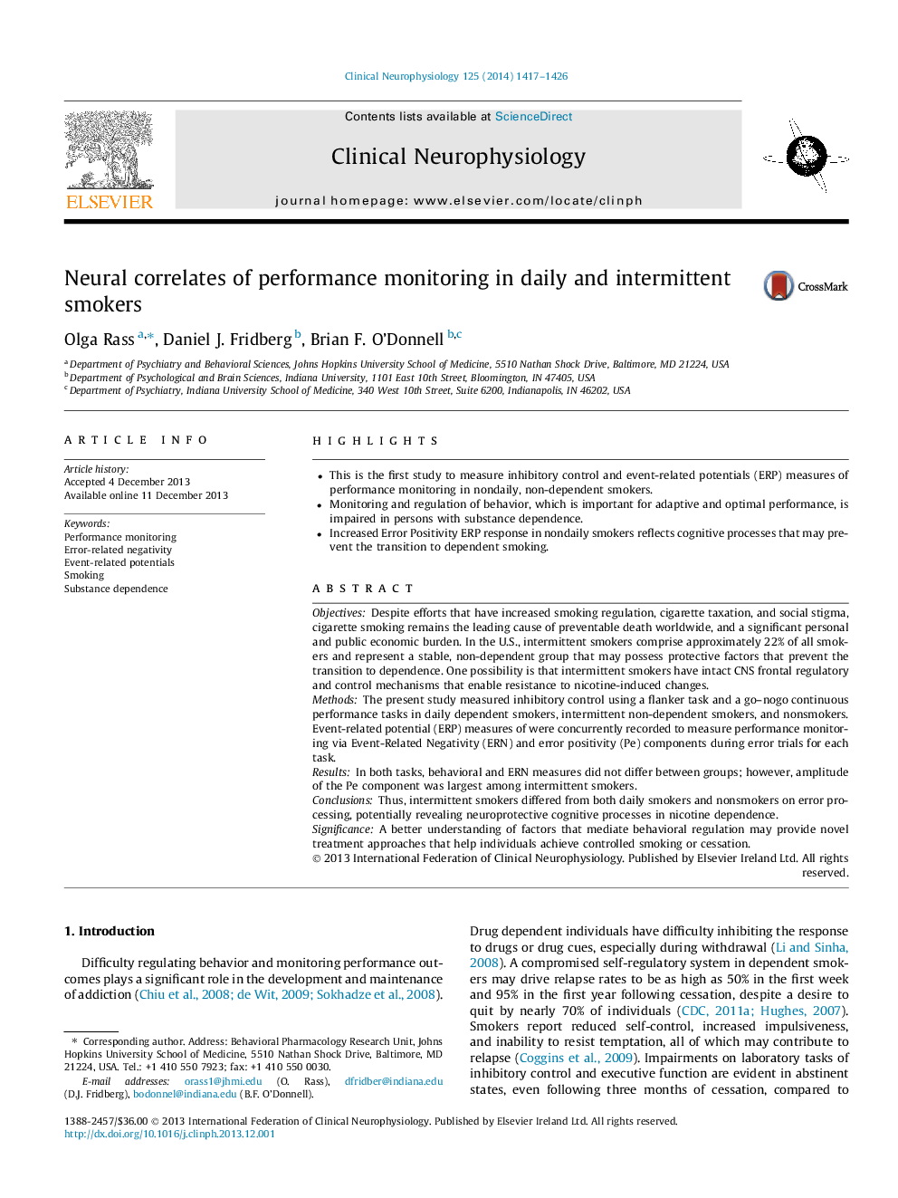 Neural correlates of performance monitoring in daily and intermittent smokers