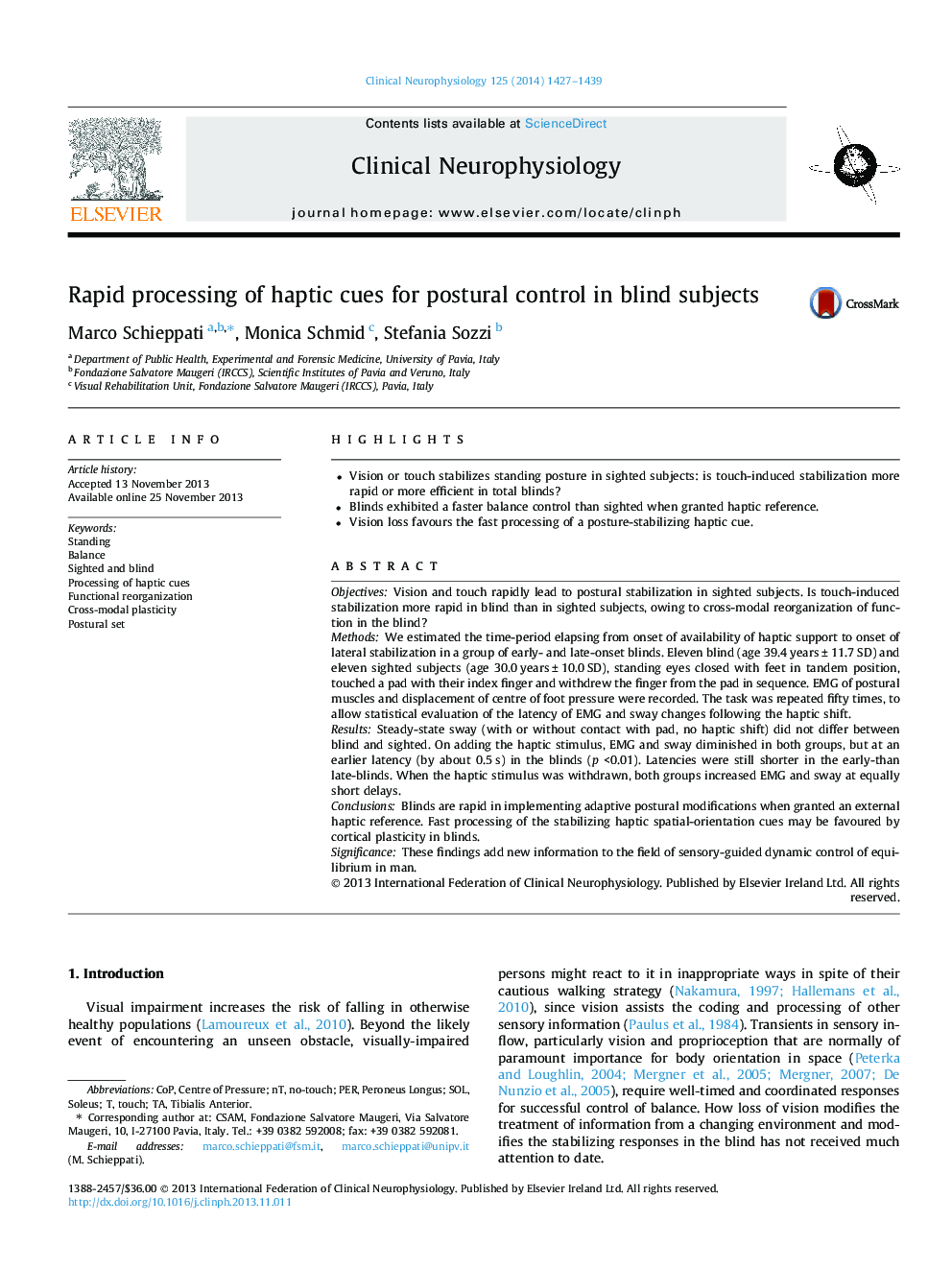 Rapid processing of haptic cues for postural control in blind subjects