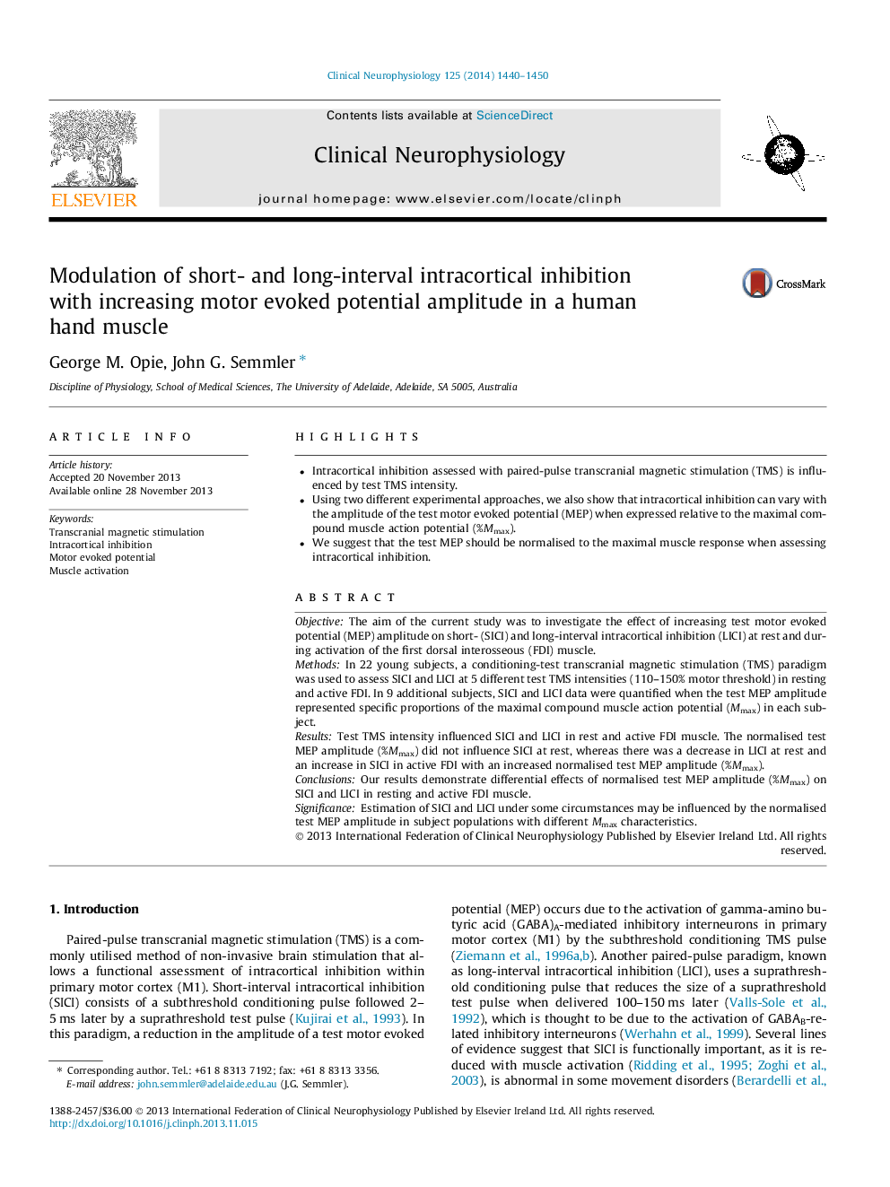 Modulation of short- and long-interval intracortical inhibition with increasing motor evoked potential amplitude in a human hand muscle