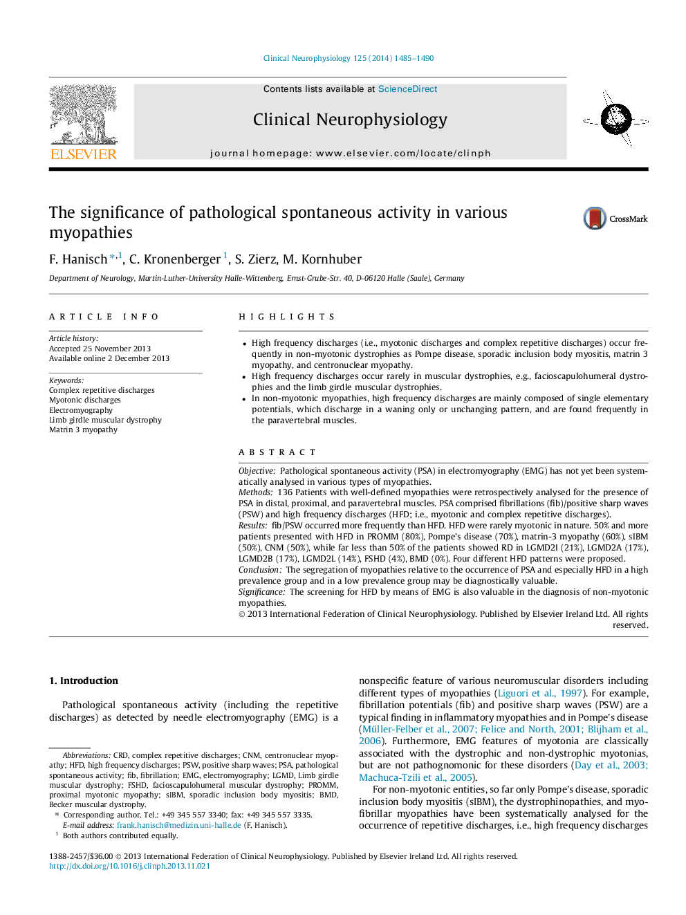 The significance of pathological spontaneous activity in various myopathies