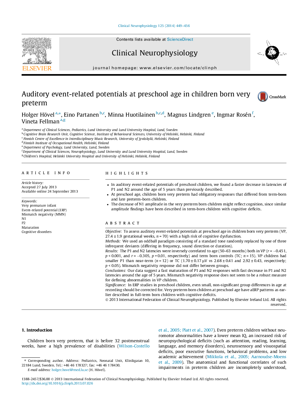 Auditory event-related potentials at preschool age in children born very preterm