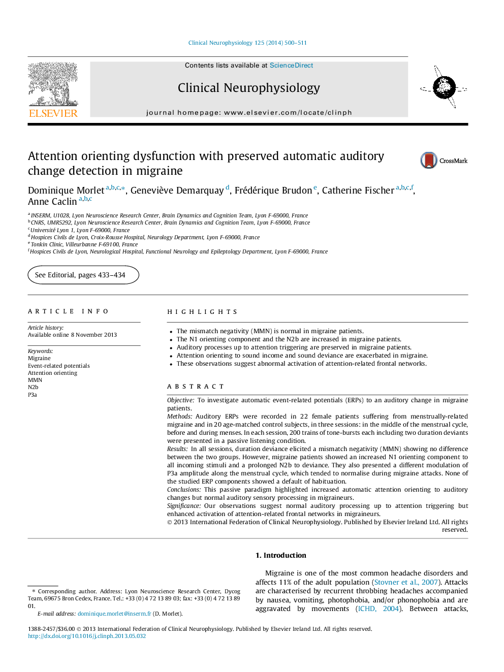 Attention orienting dysfunction with preserved automatic auditory change detection in migraine