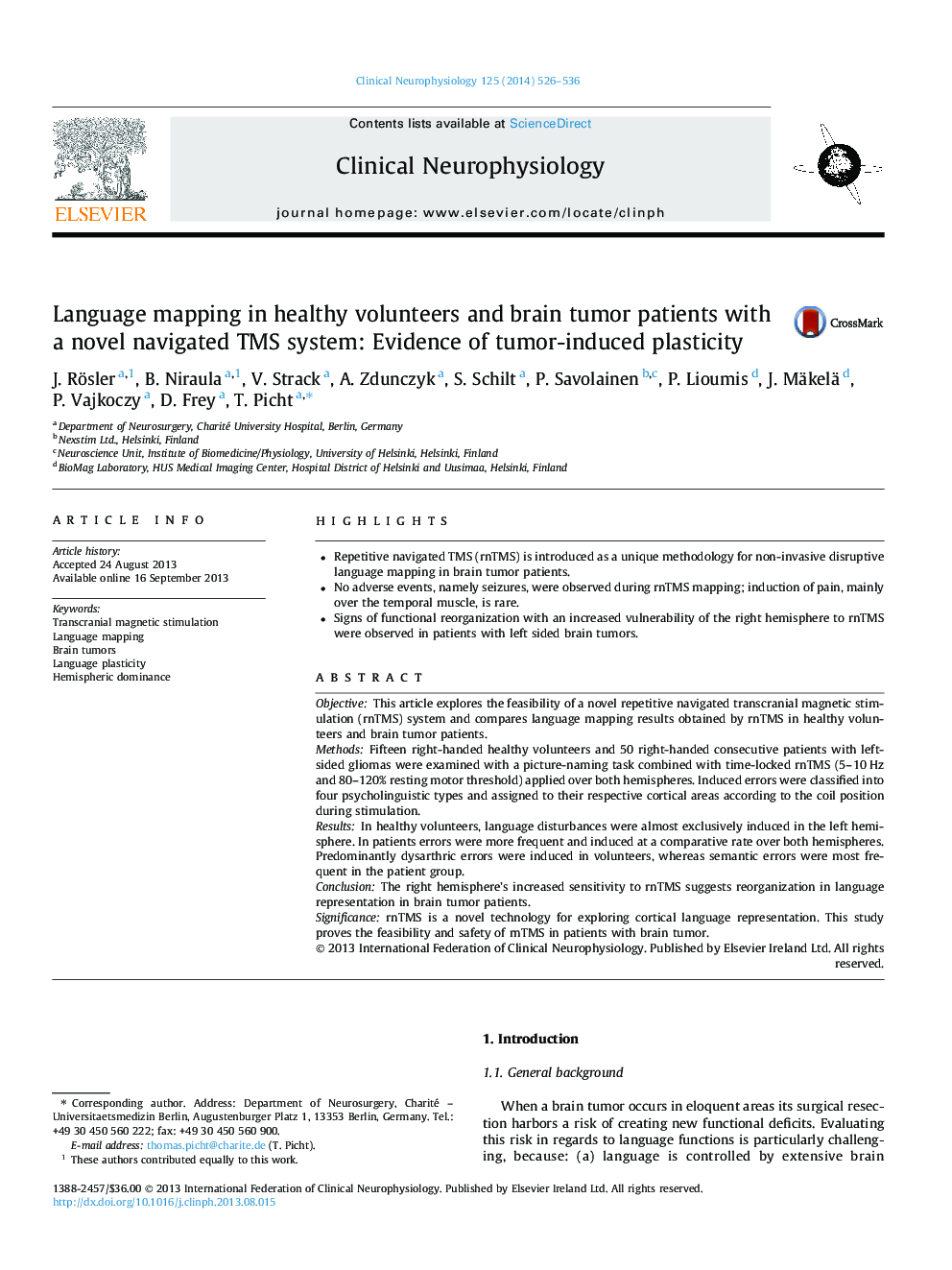 Language mapping in healthy volunteers and brain tumor patients with a novel navigated TMS system: Evidence of tumor-induced plasticity