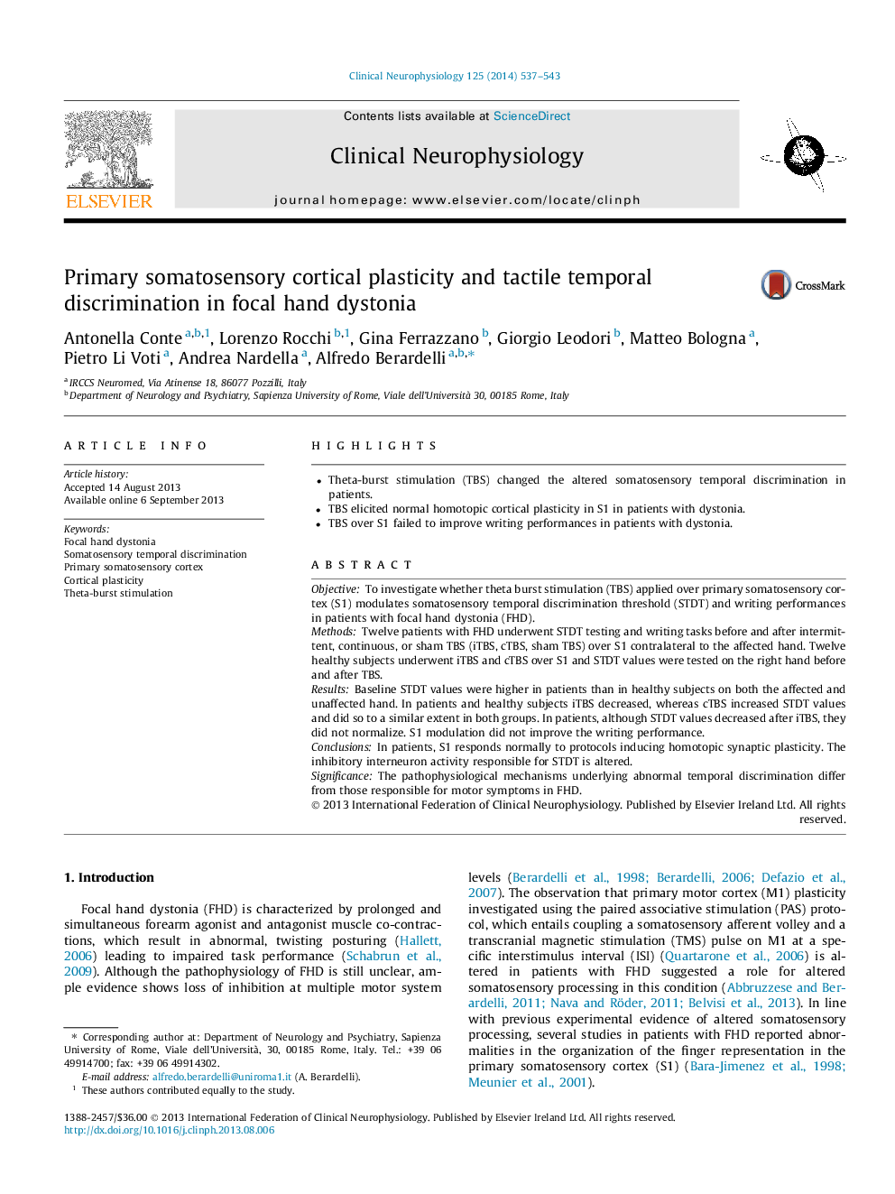 Primary somatosensory cortical plasticity and tactile temporal discrimination in focal hand dystonia