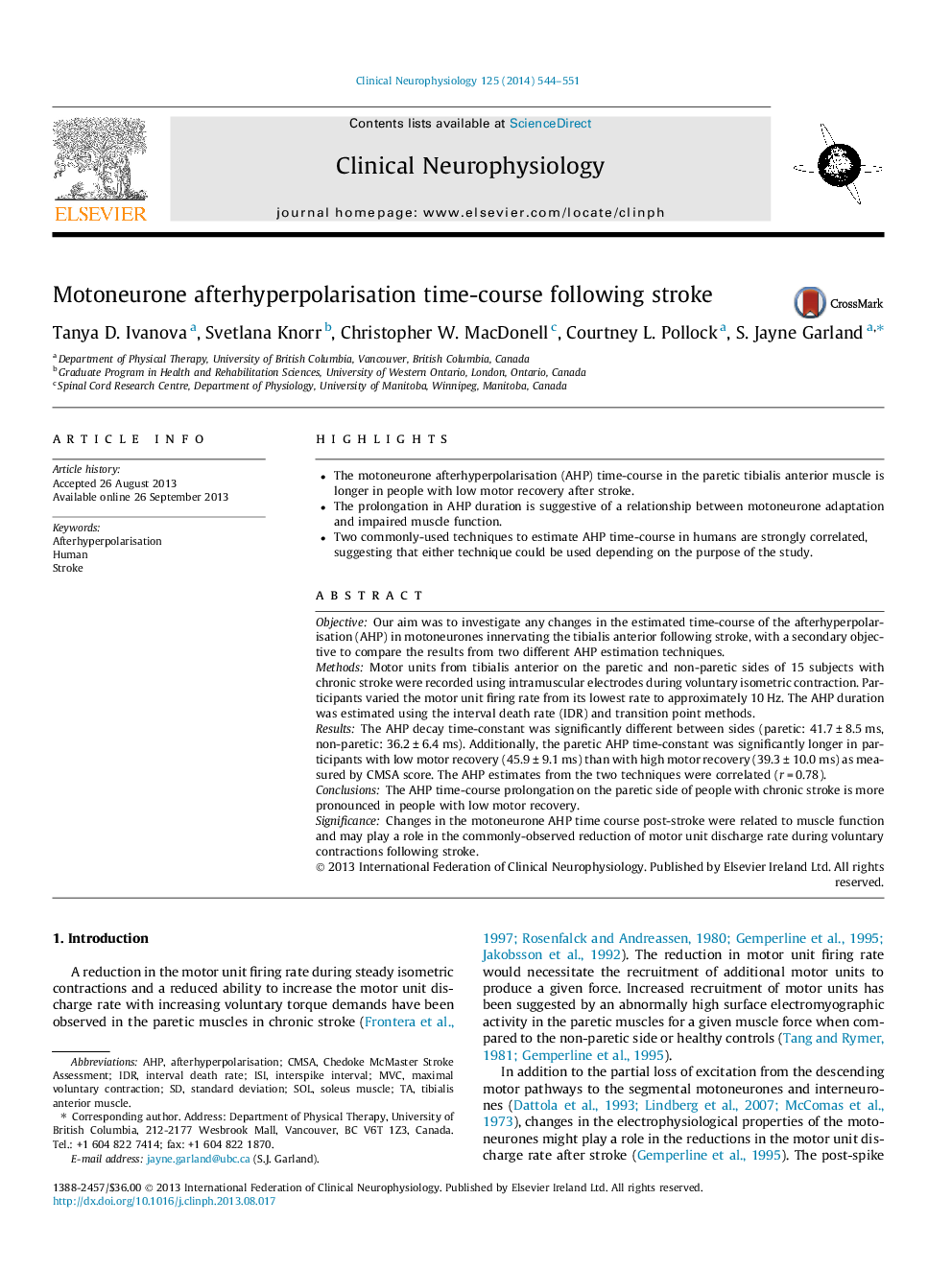 Motoneurone afterhyperpolarisation time-course following stroke