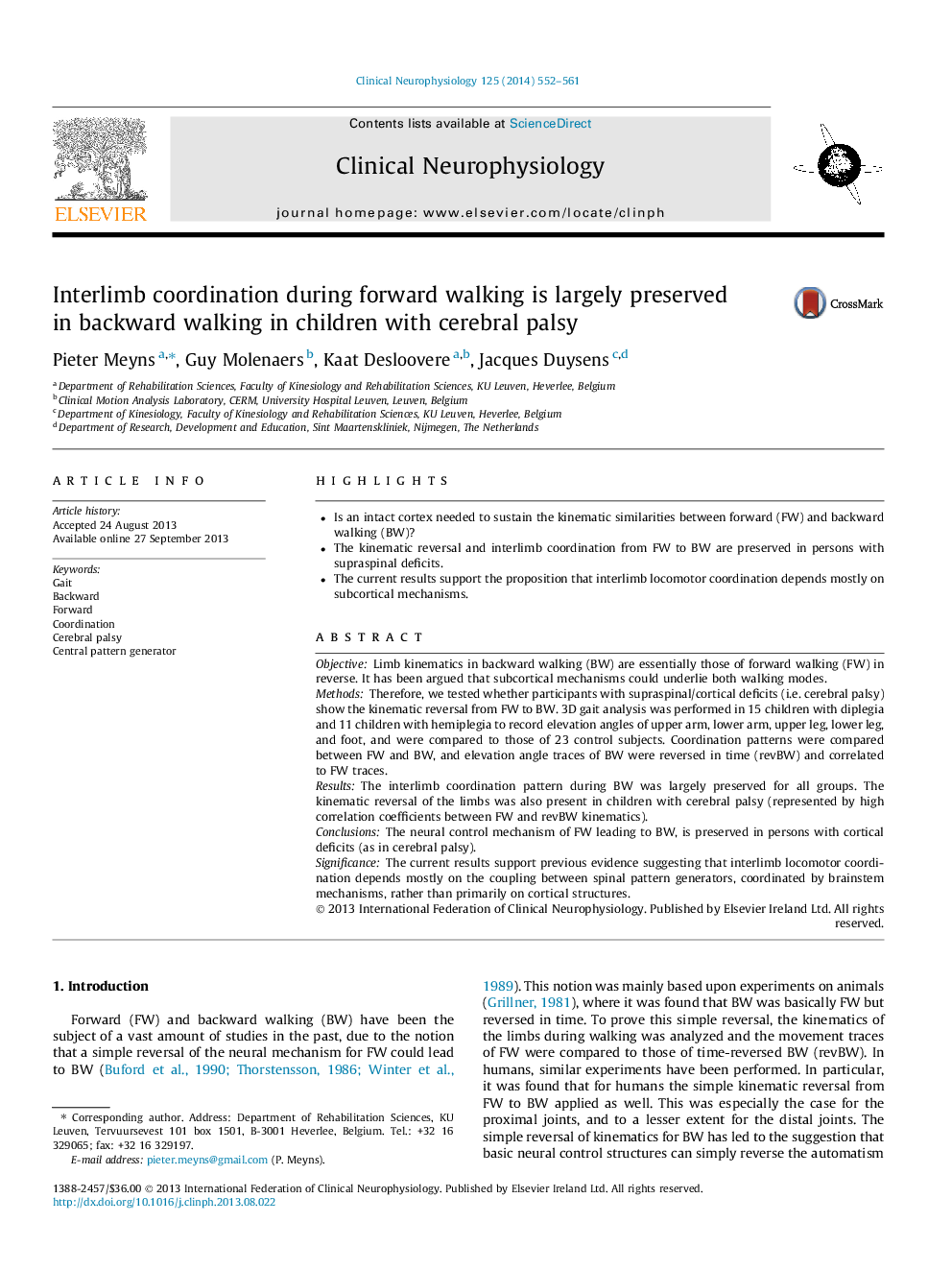 Interlimb coordination during forward walking is largely preserved in backward walking in children with cerebral palsy