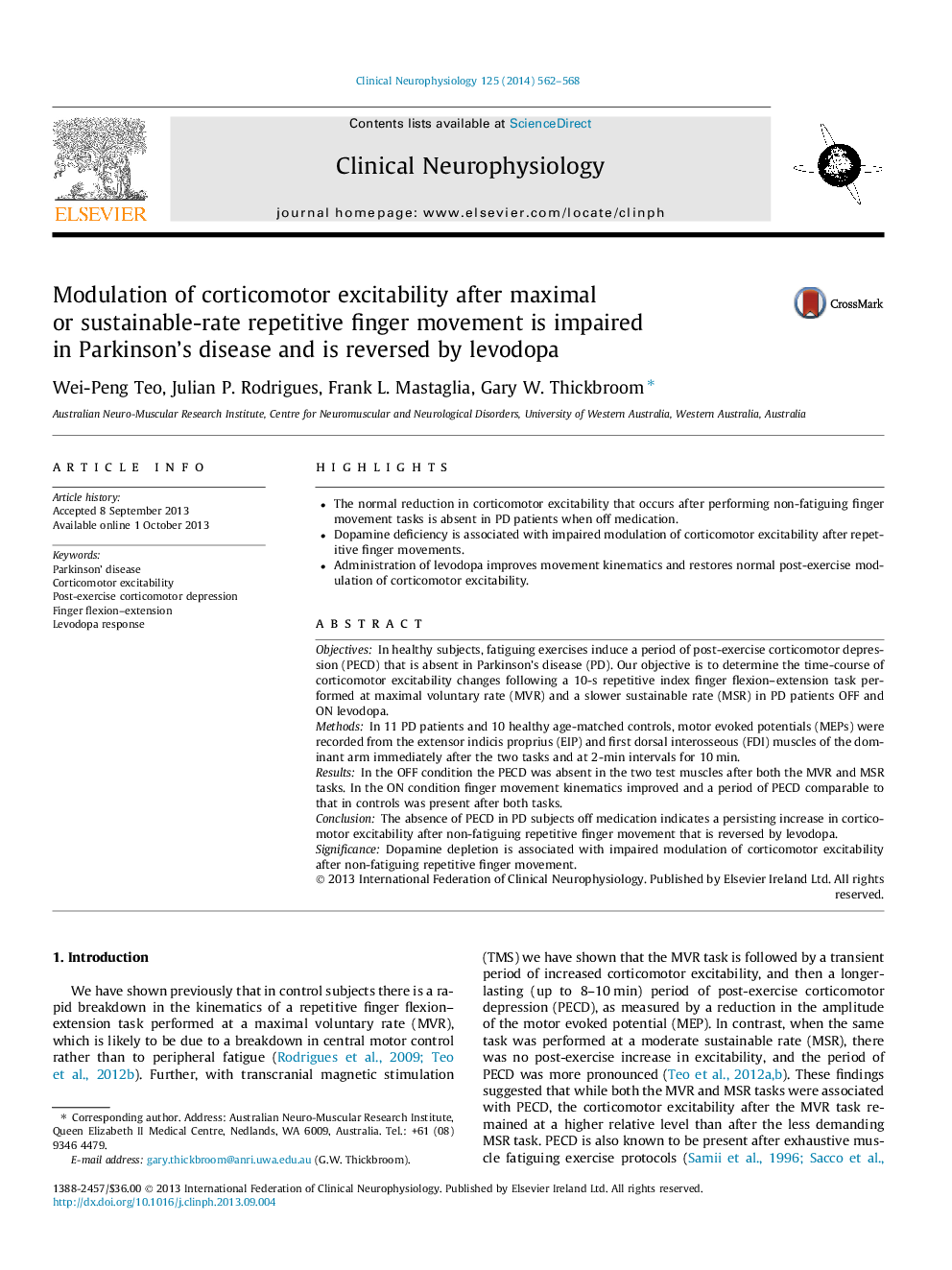 Modulation of corticomotor excitability after maximal or sustainable-rate repetitive finger movement is impaired in Parkinson’s disease and is reversed by levodopa