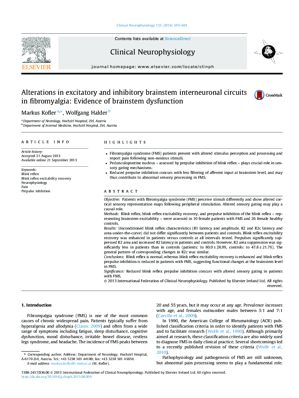 Alterations in excitatory and inhibitory brainstem interneuronal circuits in fibromyalgia: Evidence of brainstem dysfunction