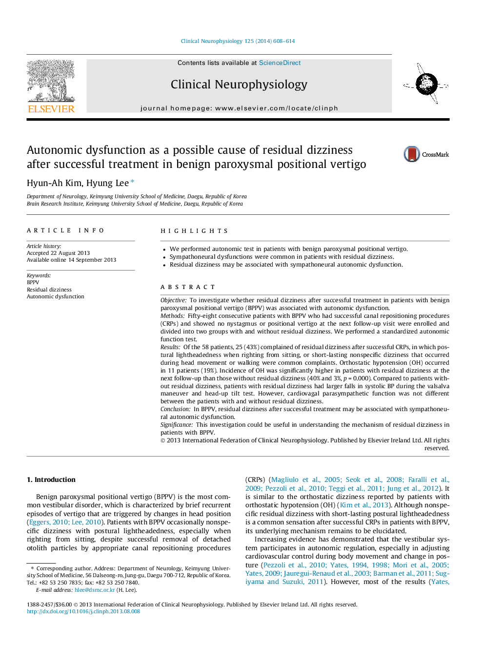 Autonomic dysfunction as a possible cause of residual dizziness after successful treatment in benign paroxysmal positional vertigo