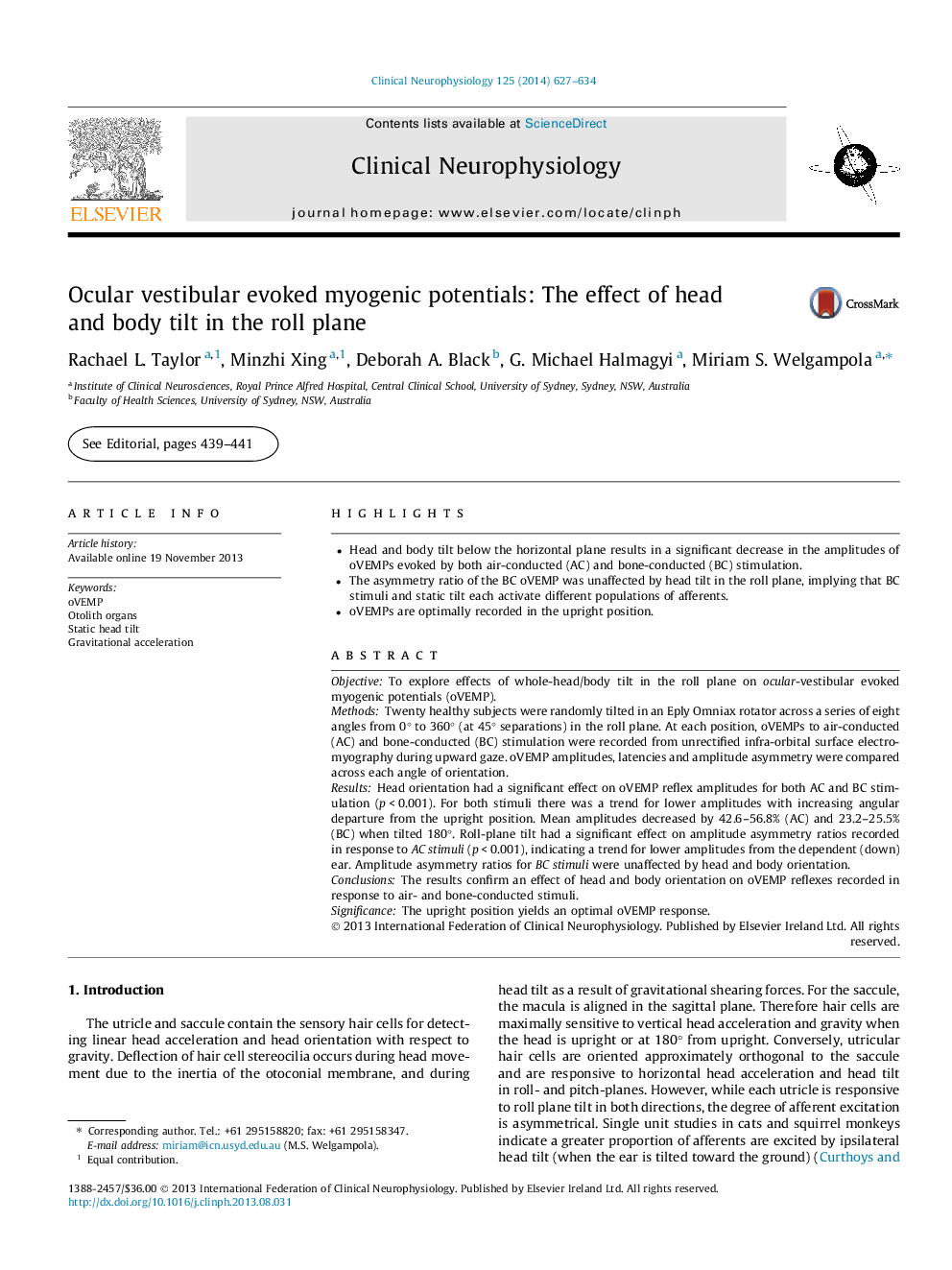 Ocular vestibular evoked myogenic potentials: The effect of head and body tilt in the roll plane