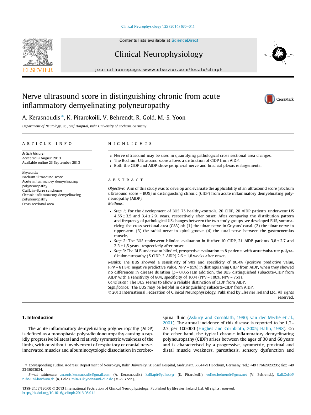 Nerve ultrasound score in distinguishing chronic from acute inflammatory demyelinating polyneuropathy