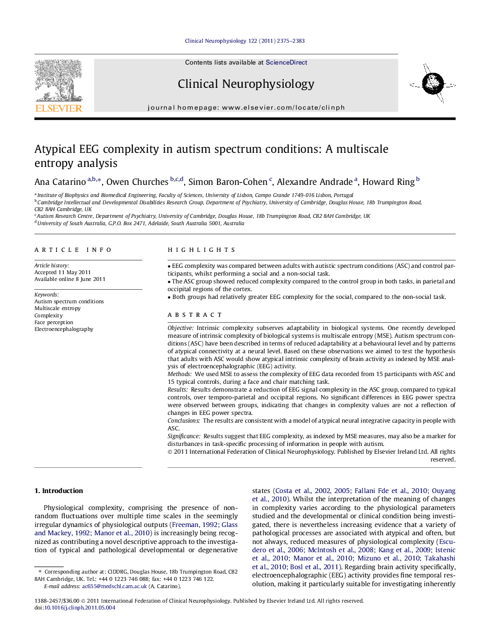 Atypical EEG complexity in autism spectrum conditions: A multiscale entropy analysis