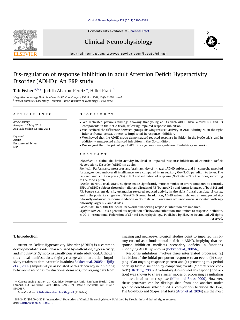 Dis-regulation of response inhibition in adult Attention Deficit Hyperactivity Disorder (ADHD): An ERP study