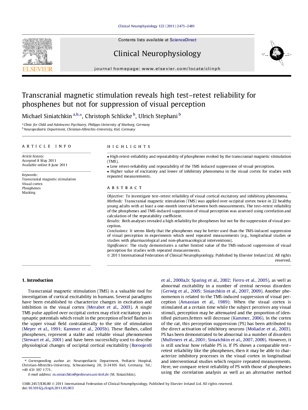 Transcranial magnetic stimulation reveals high test–retest reliability for phosphenes but not for suppression of visual perception